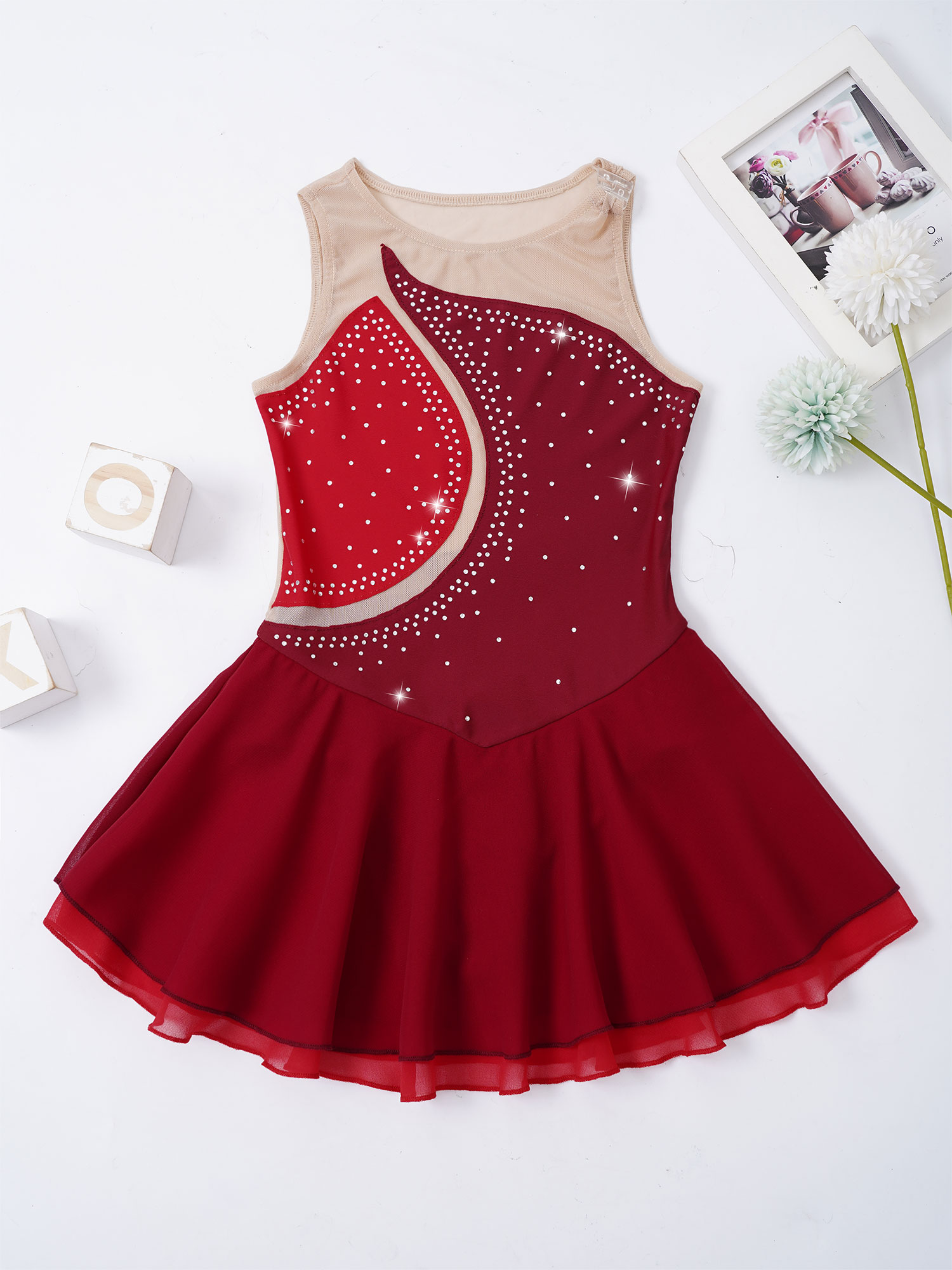 Kids Girls Mesh Splice Rhinestone Figure Ice Skating Dress Ballet Dance Stage Performance Dance Costumes