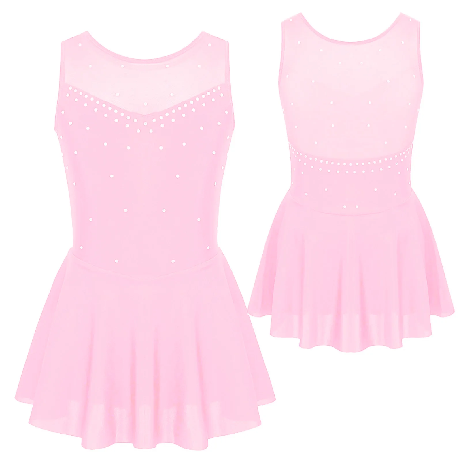 Kids Girls Mesh Splice Rhinestone Figure Ice Skating Dress Ballet Dance Stage Performance Dance Costumes