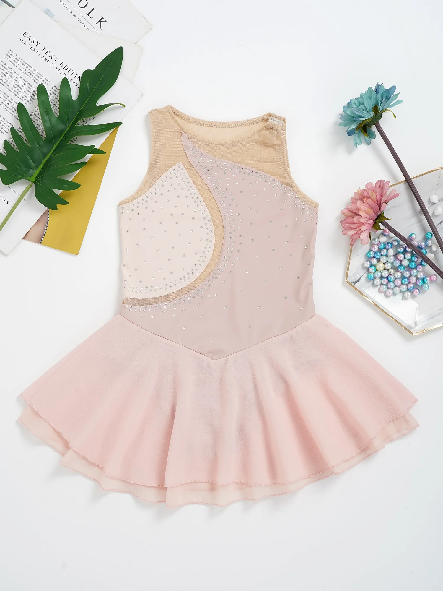Kids Girls Mesh Splice Rhinestone Figure Ice Skating Dress Ballet Dance Stage Performance Dance Costumes