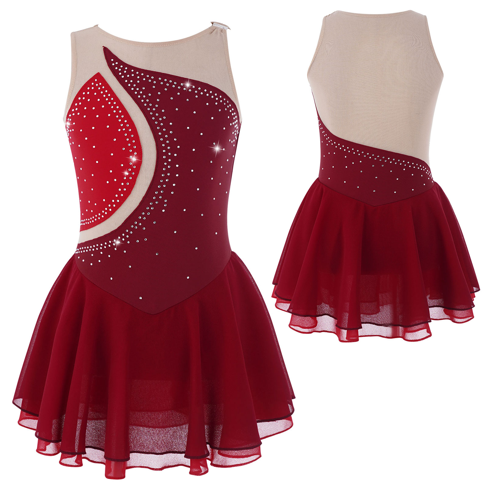 Kids Girls Mesh Splice Rhinestone Figure Ice Skating Dress Ballet Dance Stage Performance Dance Costumes