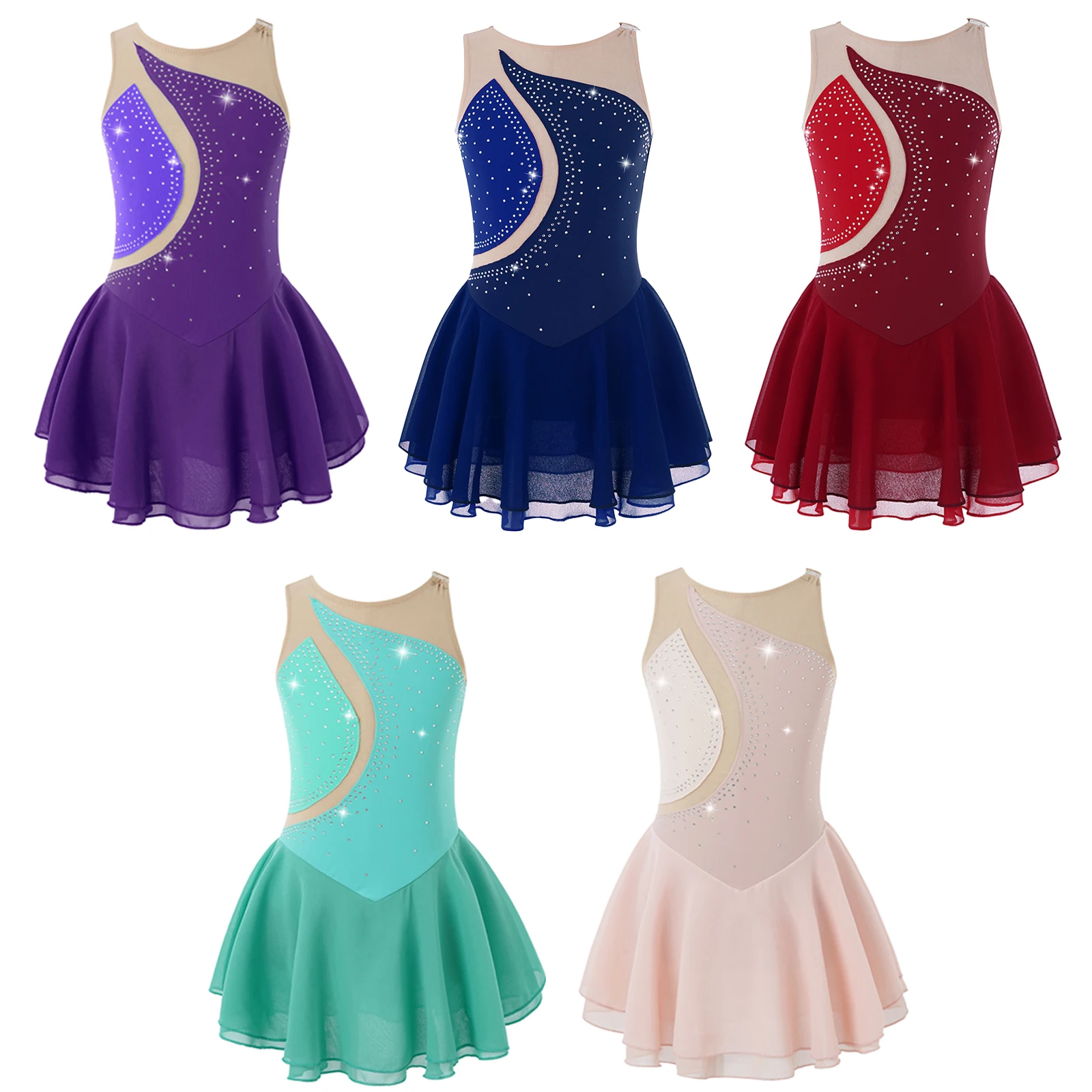 Kids Girls Mesh Splice Rhinestone Figure Ice Skating Dress Ballet Dance Stage Performance Dance Costumes
