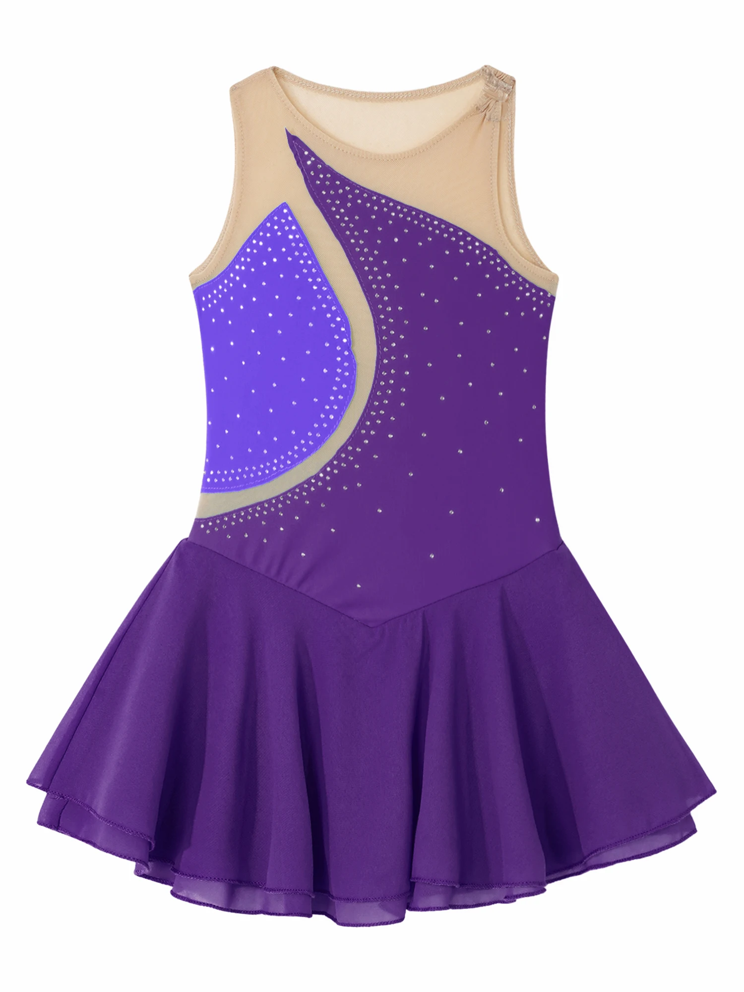 Kids Girls Mesh Splice Rhinestone Figure Ice Skating Dress Ballet Dance Stage Performance Dance Costumes