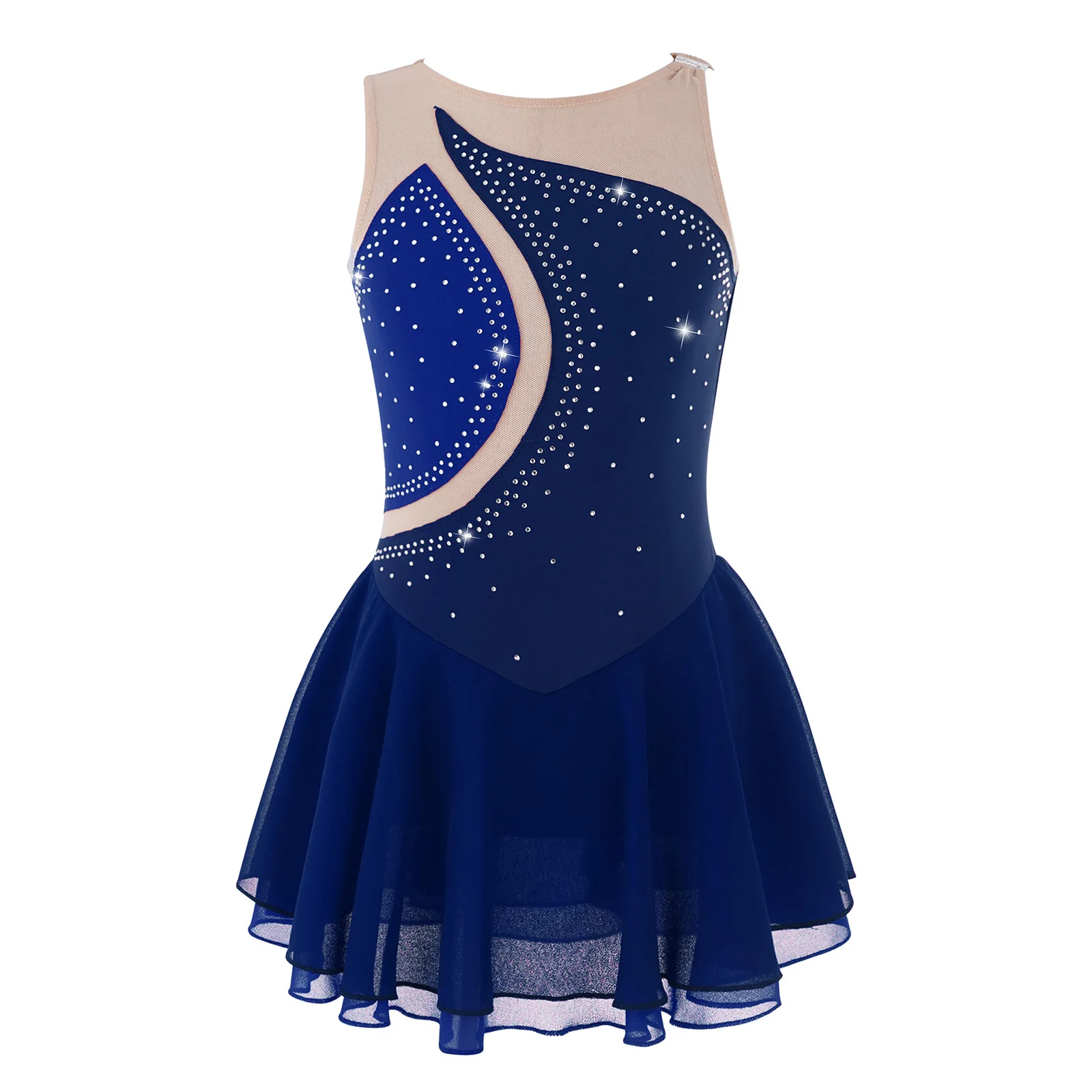 Kids Girls Mesh Splice Rhinestone Figure Ice Skating Dress Ballet Dance Stage Performance Dance Costumes