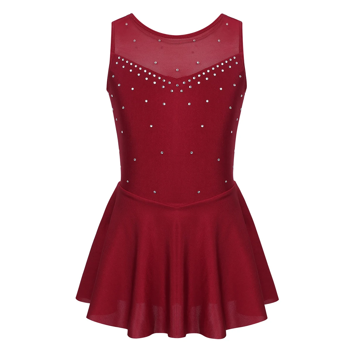 Kids Girls Mesh Splice Rhinestone Figure Ice Skating Dress Ballet Dance Stage Performance Dance Costumes