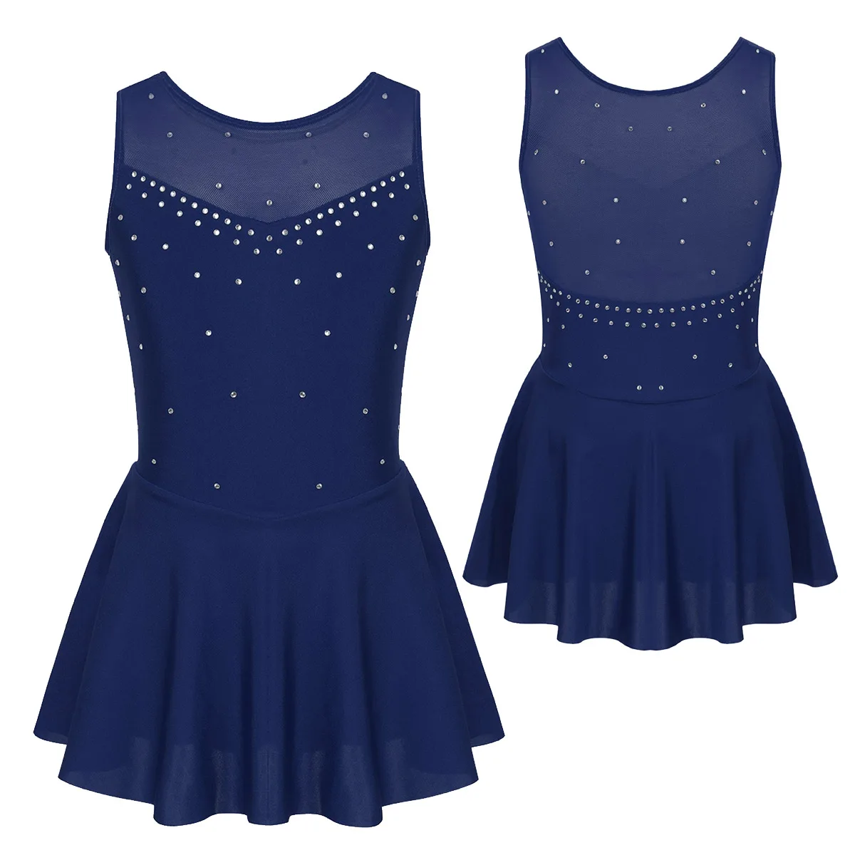 Kids Girls Mesh Splice Rhinestone Figure Ice Skating Dress Ballet Dance Stage Performance Dance Costumes