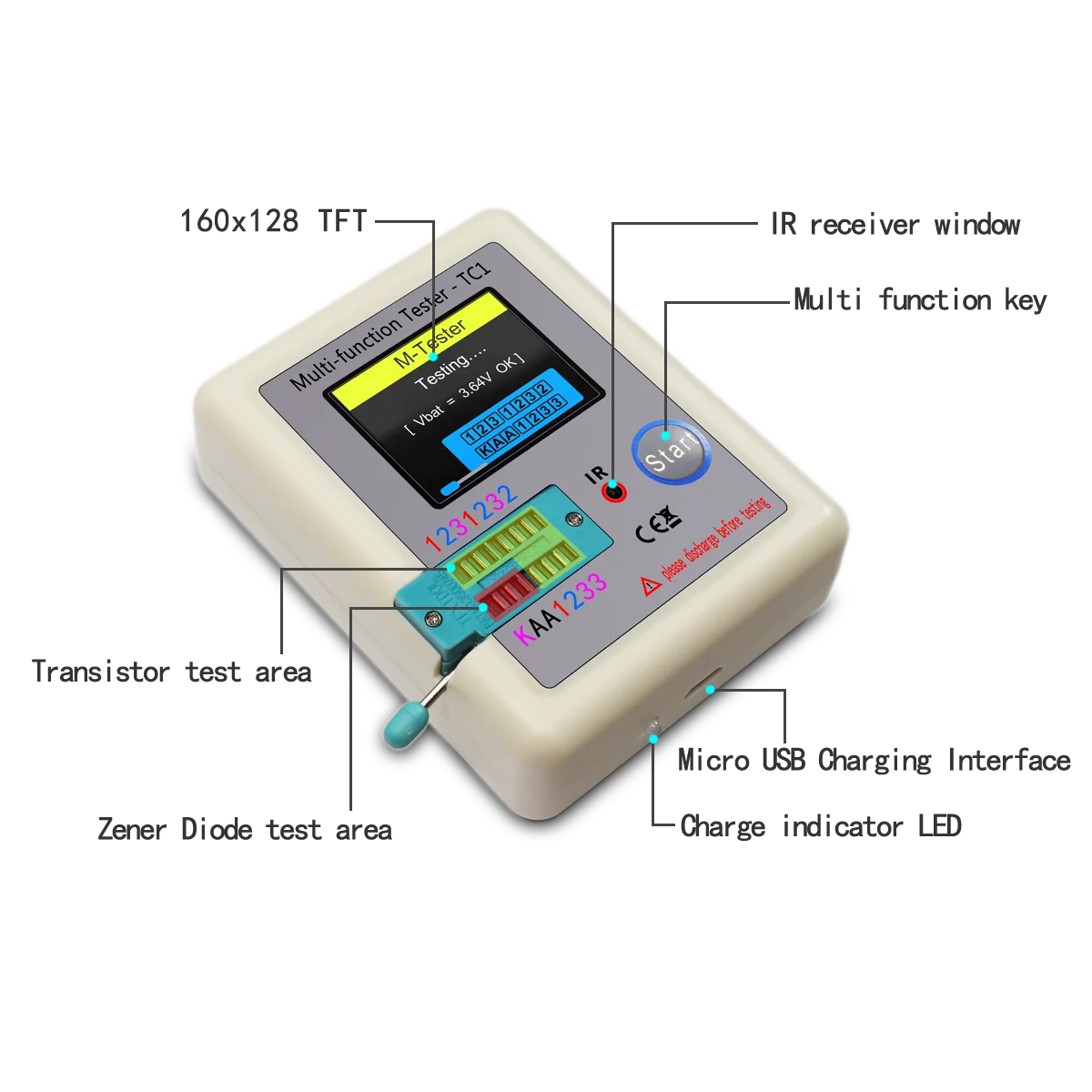 LCR TC1 1.8" TFT LCD Display Multi-meter Transistor Tester Diode Triode Capacitor Resistor Test Meter MOSFET NPN PNP Triac MOS