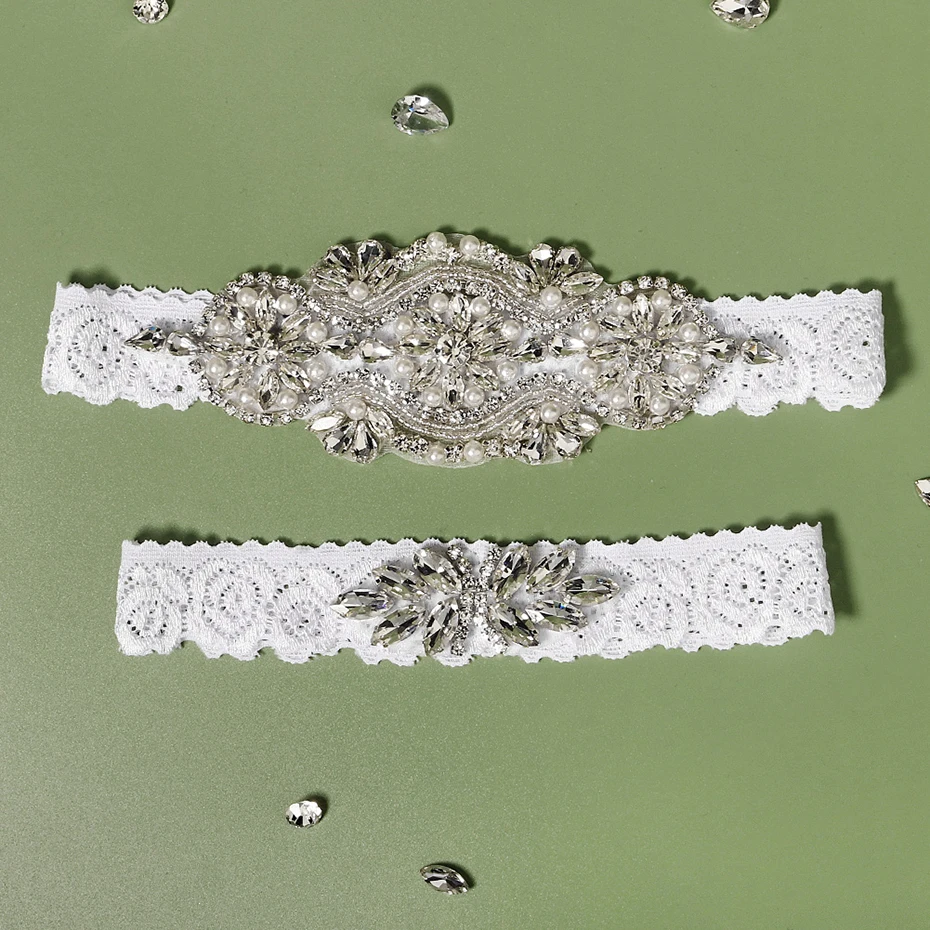 Miallo Bride Sexy Lace Flower Rhinestones Pearls Wedding Garter Belt Bridal Thigh Leg Garter Ring For Women