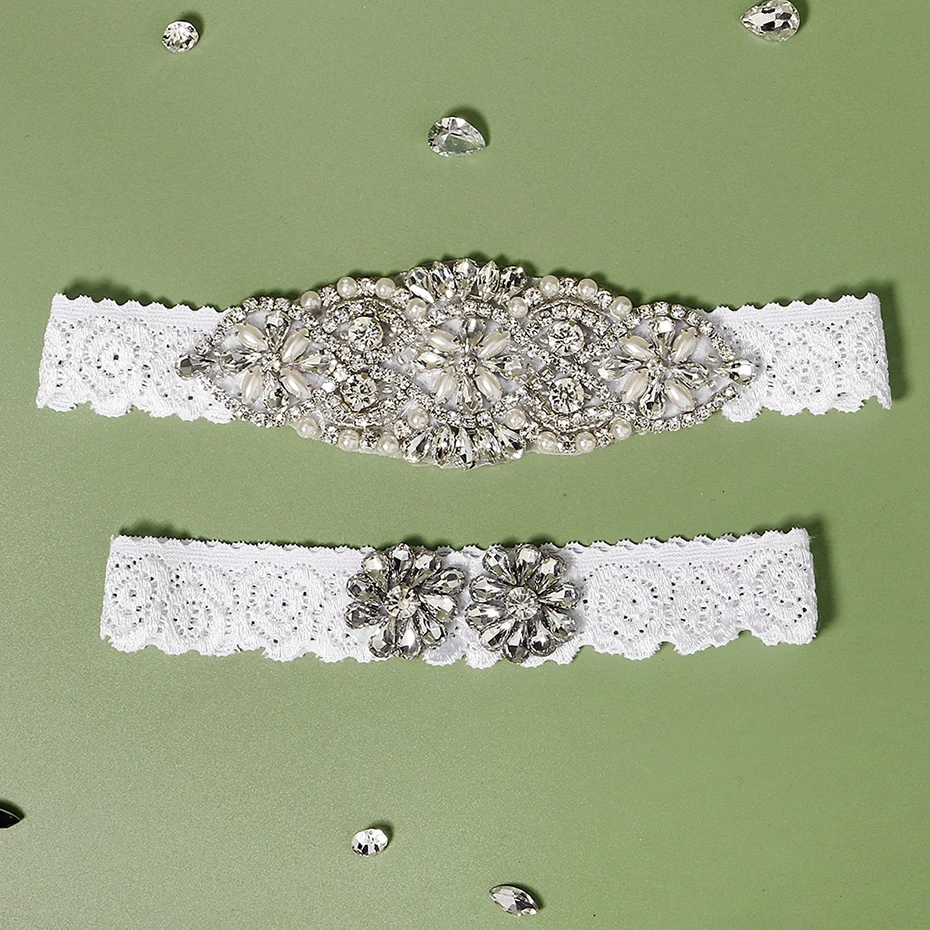 Miallo Bride Sexy Lace Flower Rhinestones Pearls Wedding Garter Belt Bridal Thigh Leg Garter Ring For Women