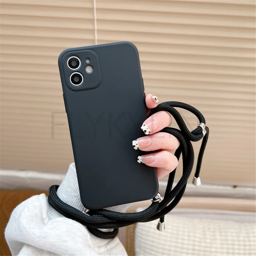 Crossbody Necklace Strap Lanyard Cord Phone Case For iPhone 13 12 MiNi 11 14 15 Pro X XR XS Max 6S 7 8 Plus Soft Silicone Cover