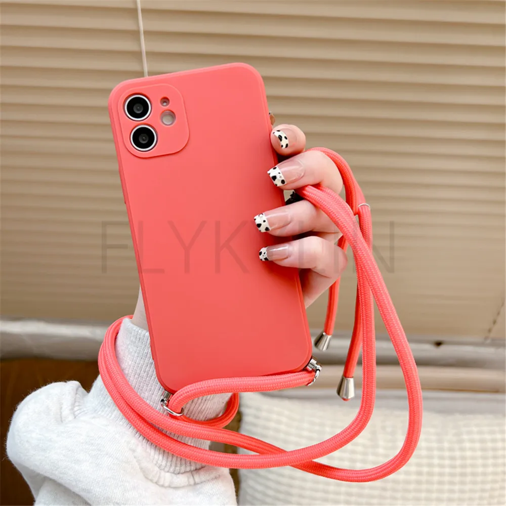 Crossbody Necklace Strap Lanyard Cord Phone Case For iPhone 13 12 MiNi 11 14 15 Pro X XR XS Max 6S 7 8 Plus Soft Silicone Cover