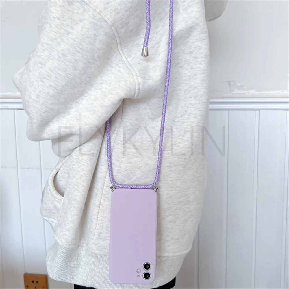 Crossbody Necklace Strap Lanyard Cord Phone Case For iPhone 13 12 MiNi 11 14 15 Pro X XR XS Max 6S 7 8 Plus Soft Silicone Cover