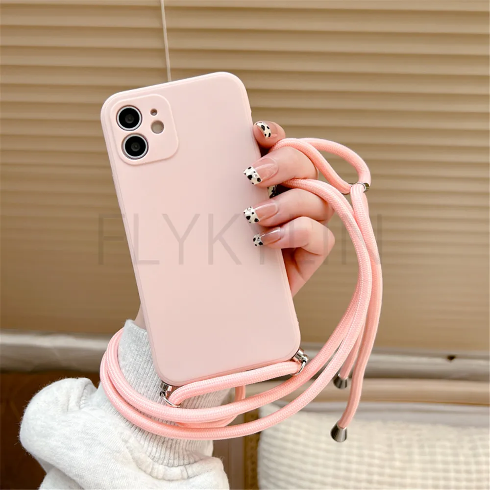 Crossbody Necklace Strap Lanyard Cord Phone Case For iPhone 13 12 MiNi 11 14 15 Pro X XR XS Max 6S 7 8 Plus Soft Silicone Cover