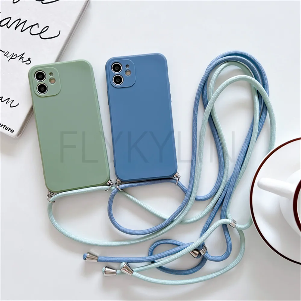 Crossbody Necklace Strap Lanyard Cord Phone Case For iPhone 13 12 MiNi 11 14 15 Pro X XR XS Max 6S 7 8 Plus Soft Silicone Cover