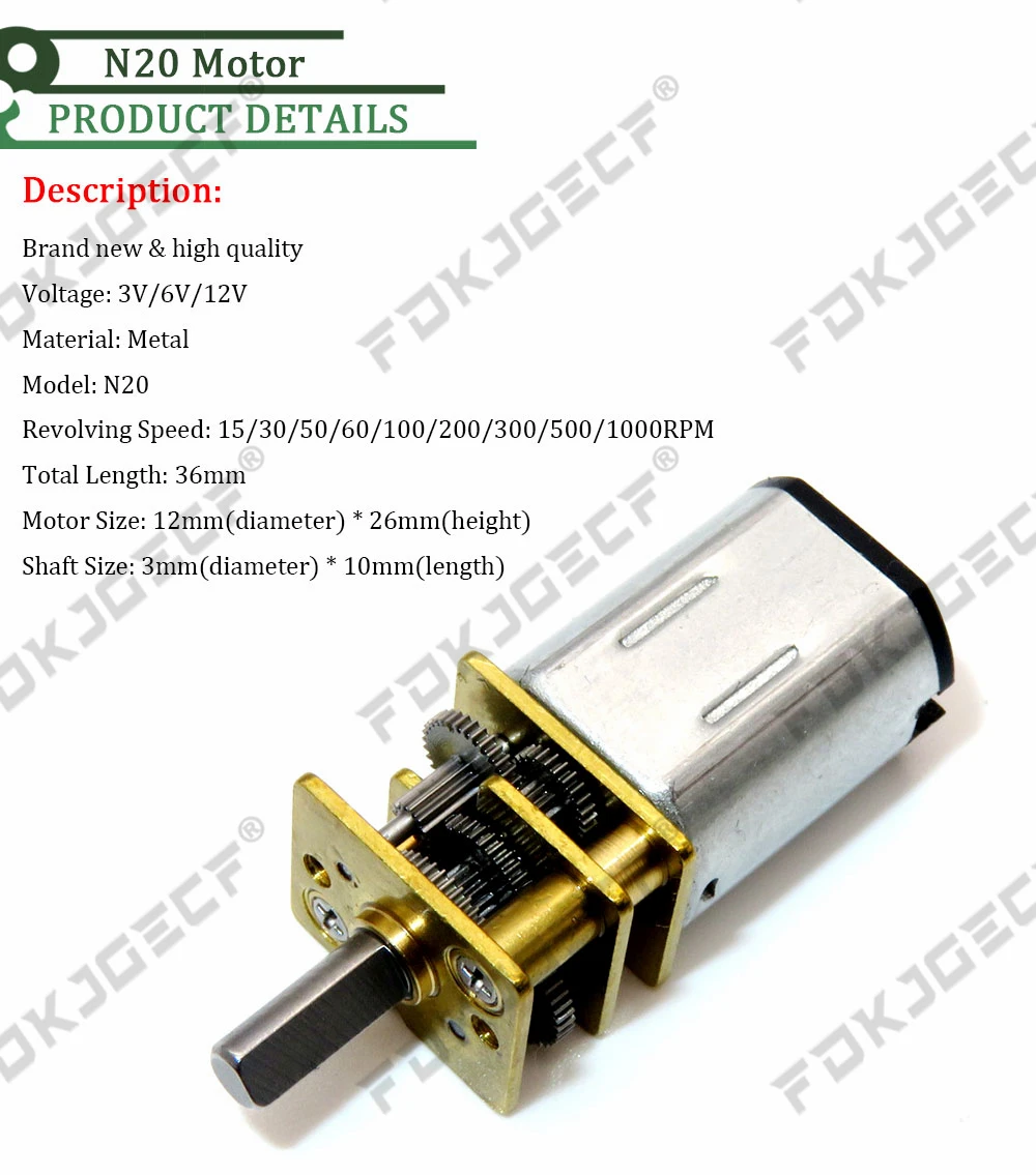 DC 3V/6V/12V N20 Mini Micro Metal Gear Motor with Gearwheel DC Motors 15/30/50/60/100/200/300/500/1000RPM