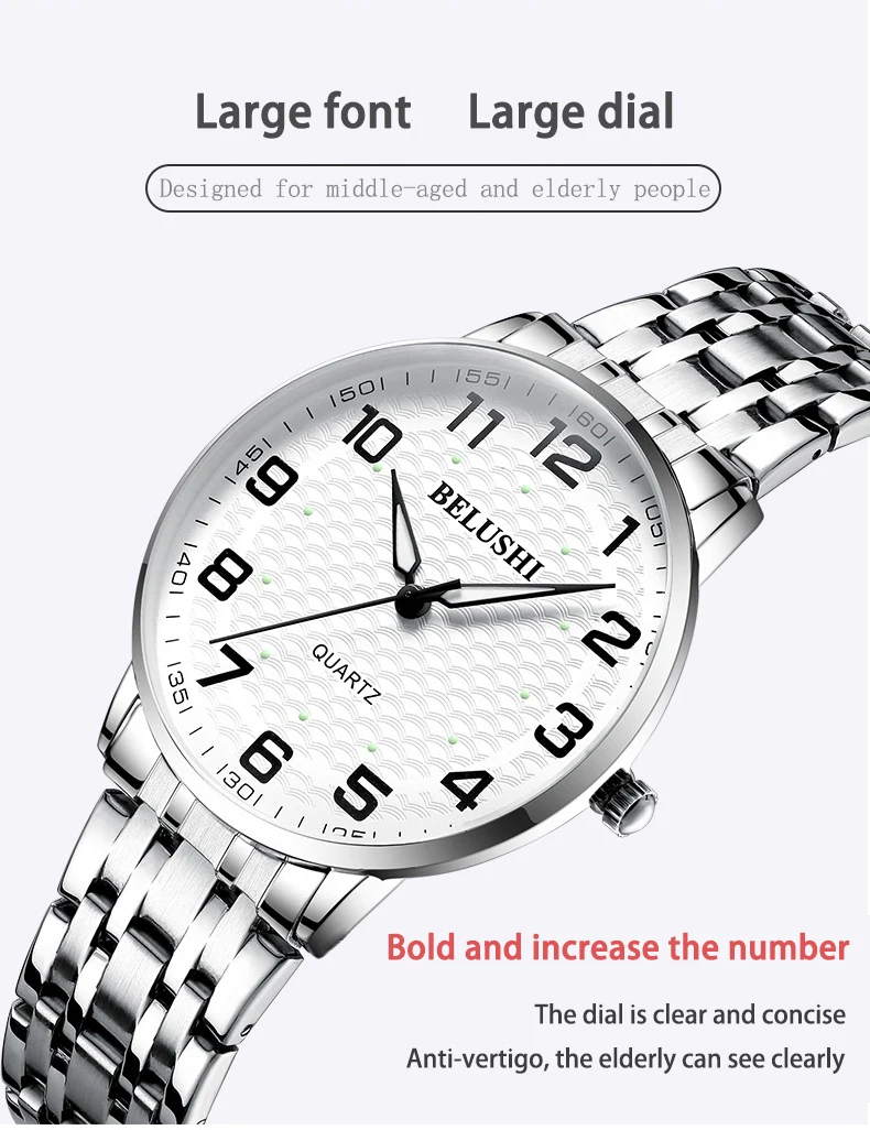 Elderly Watches Waterproof Big Number 41mm Dial Light Luxury Gold Steel Watch Men's Fashion Quartz Wristwatches Clock UTHAI H10