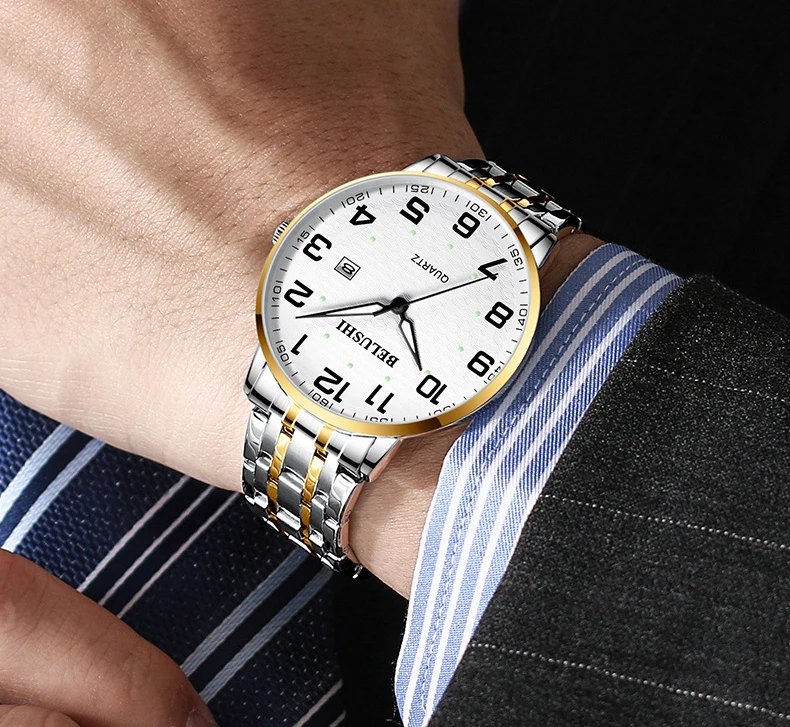 Elderly Watches Waterproof Big Number 41mm Dial Light Luxury Gold Steel Watch Men's Fashion Quartz Wristwatches Clock UTHAI H10