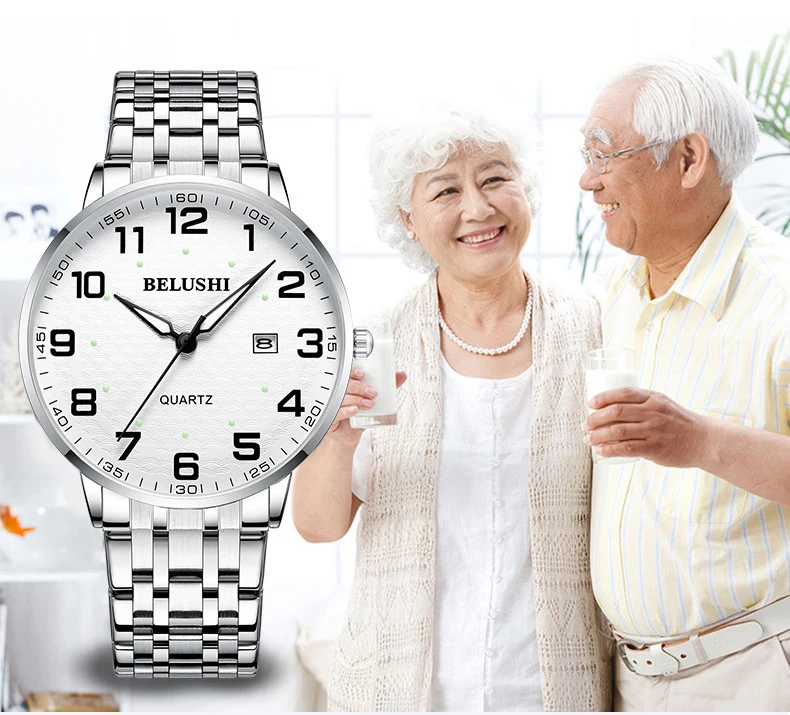 Elderly Watches Waterproof Big Number 41mm Dial Light Luxury Gold Steel Watch Men's Fashion Quartz Wristwatches Clock UTHAI H10