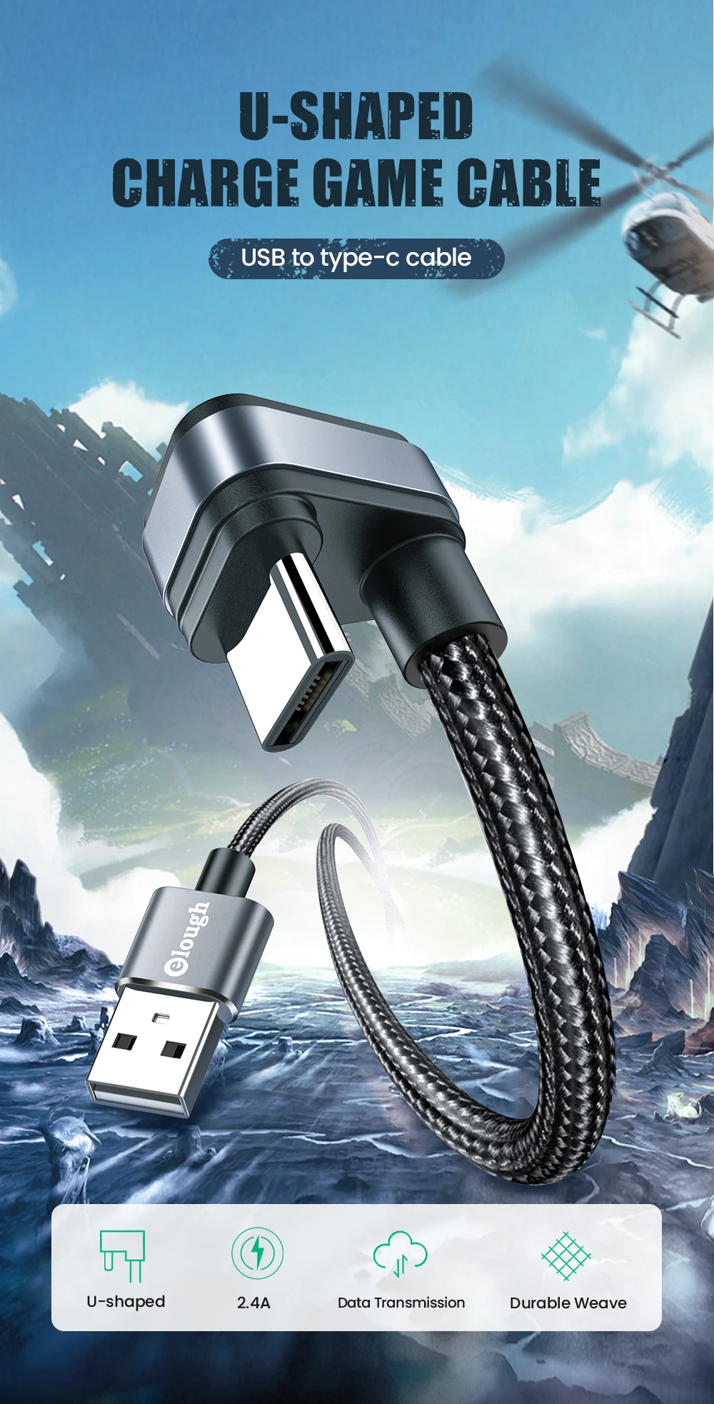 Elough USB Type C Cable For Samsung Xiaomi mi Redmi USB C Cable 2.4A Fast Phone Charging Data Cord Type C 180 Degree USB C Cable