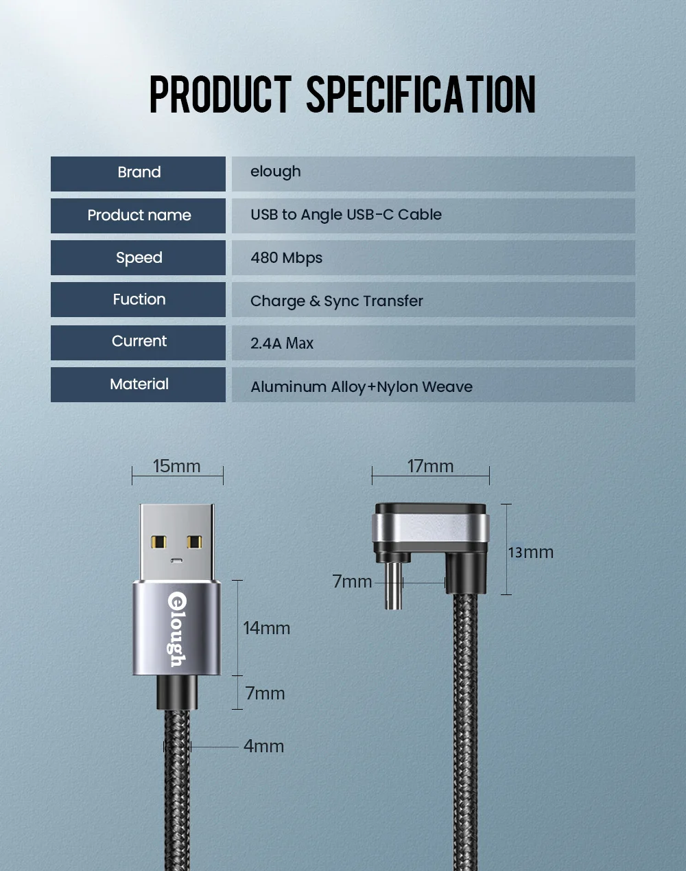 Elough USB Type C Cable For Samsung Xiaomi mi Redmi USB C Cable 2.4A Fast Phone Charging Data Cord Type C 180 Degree USB C Cable