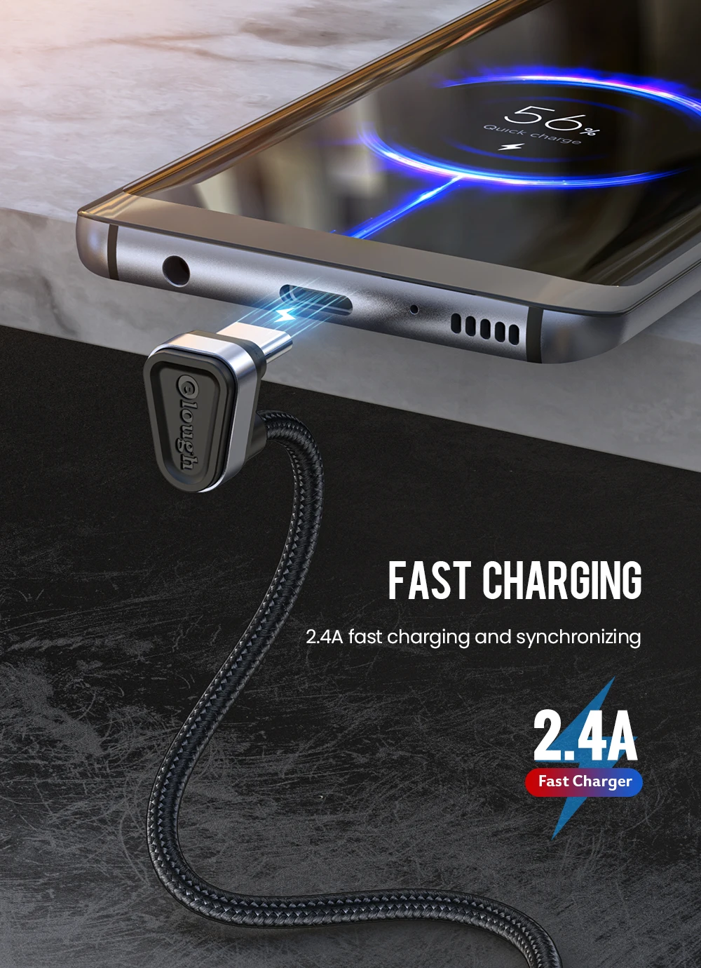 Elough USB Type C Cable For Samsung Xiaomi mi Redmi USB C Cable 2.4A Fast Phone Charging Data Cord Type C 180 Degree USB C Cable