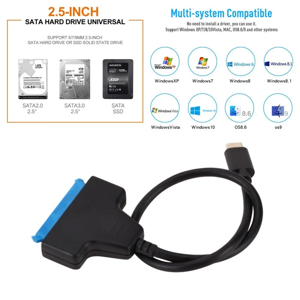 LccKaa SATA 3 to Type-C Cable USB 3.1 C to SATA Adapter Up to 6 Gbps Support 2.5 Inches SSD HDD Hard Drive 22 Pin SATA Cable