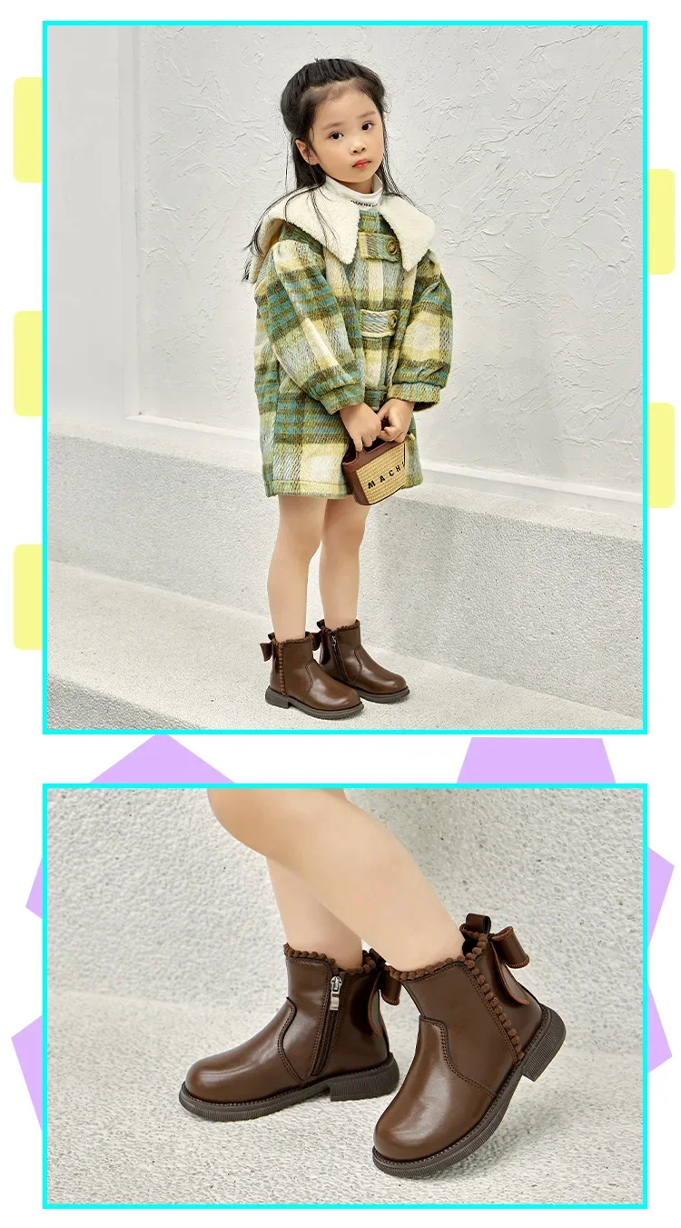 Girls Ankle Boots with Back Bow-knot Kids Short Boots Soft Sole 2025 New Girls' Princess Leather Boots with Warm Cotton Side Zip