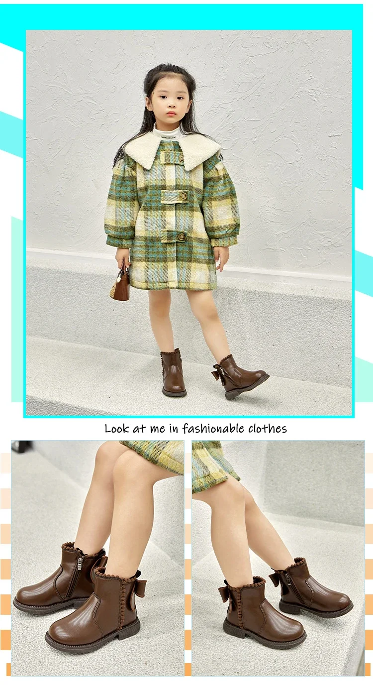 Girls Ankle Boots with Back Bow-knot Kids Short Boots Soft Sole 2025 New Girls' Princess Leather Boots with Warm Cotton Side Zip