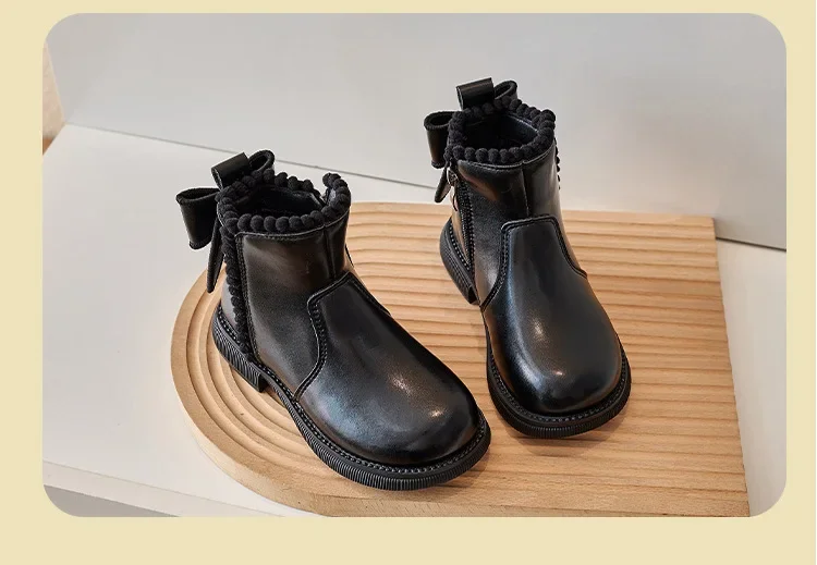 Girls Ankle Boots with Back Bow-knot Kids Short Boots Soft Sole 2025 New Girls' Princess Leather Boots with Warm Cotton Side Zip