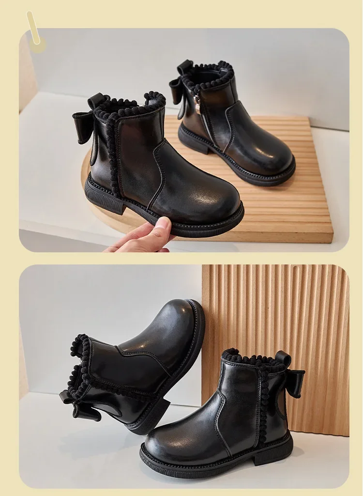 Girls Ankle Boots with Back Bow-knot Kids Short Boots Soft Sole 2025 New Girls' Princess Leather Boots with Warm Cotton Side Zip