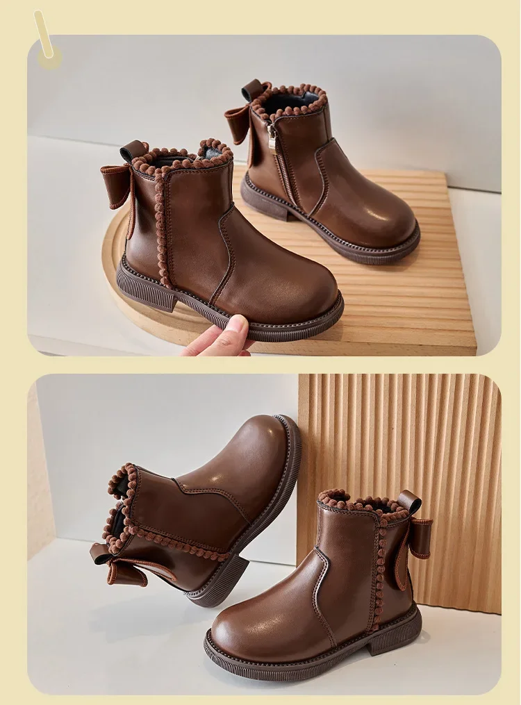 Girls Ankle Boots with Back Bow-knot Kids Short Boots Soft Sole 2025 New Girls' Princess Leather Boots with Warm Cotton Side Zip