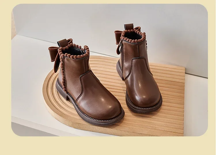 Girls Ankle Boots with Back Bow-knot Kids Short Boots Soft Sole 2025 New Girls' Princess Leather Boots with Warm Cotton Side Zip
