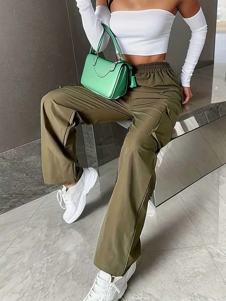 Elastic Waist Fashionable Workwear Pants High Waist Wide Leg Pants Loose Solid Color Casual Sports Pants WOMEN'S Sportswear