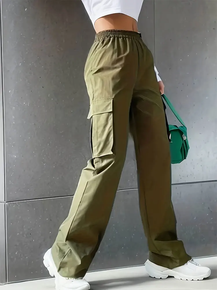 Elastic Waist Fashionable Workwear Pants High Waist Wide Leg Pants Loose Solid Color Casual Sports Pants WOMEN'S Sportswear