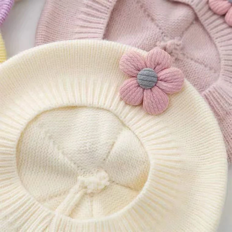 Flower Baby Beret Hat Winter Warm Knitted Beanie Cap For Infant Girls Korean Toddler Princess Artist Solid Color Painter Caps