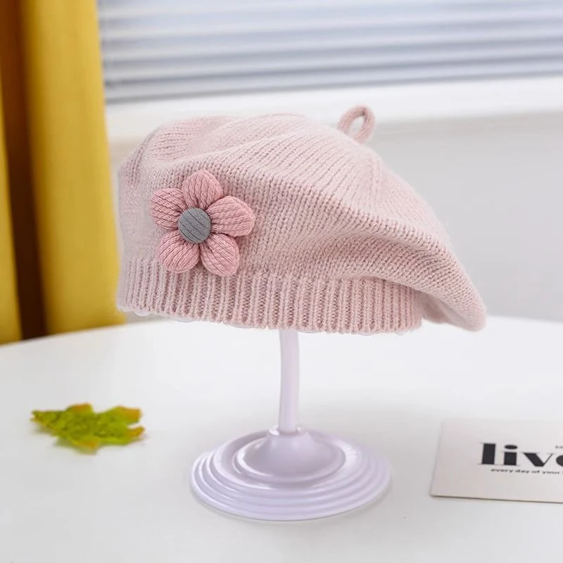 Flower Baby Beret Hat Winter Warm Knitted Beanie Cap For Infant Girls Korean Toddler Princess Artist Solid Color Painter Caps