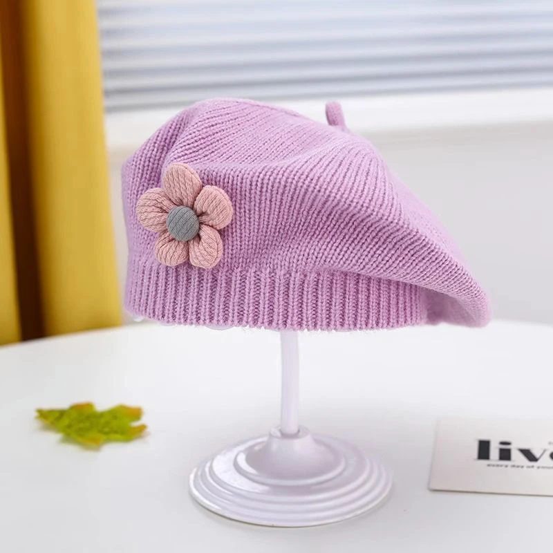 Flower Baby Beret Hat Winter Warm Knitted Beanie Cap For Infant Girls Korean Toddler Princess Artist Solid Color Painter Caps