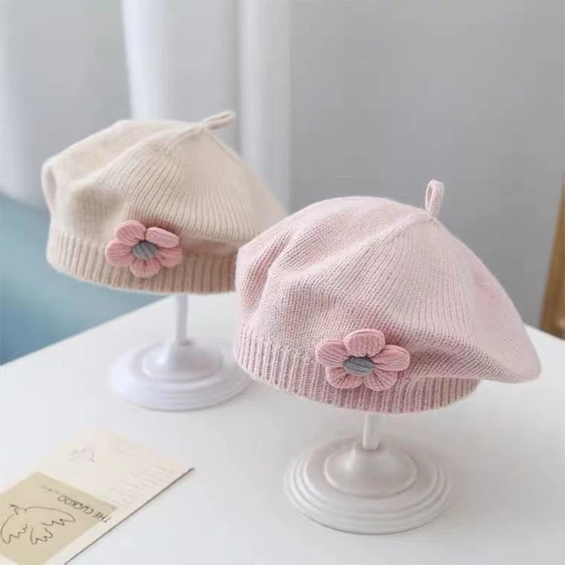 Flower Baby Beret Hat Winter Warm Knitted Beanie Cap For Infant Girls Korean Toddler Princess Artist Solid Color Painter Caps