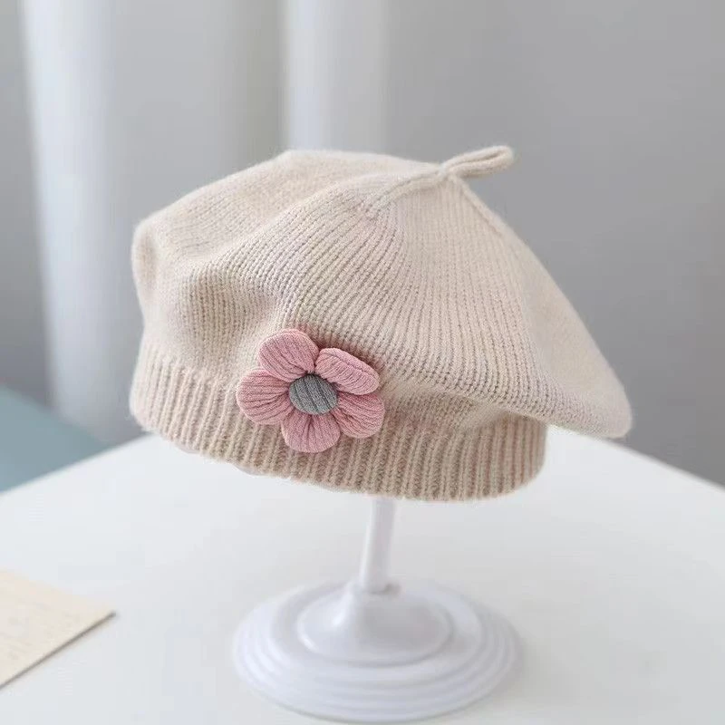 Flower Baby Beret Hat Winter Warm Knitted Beanie Cap For Infant Girls Korean Toddler Princess Artist Solid Color Painter Caps
