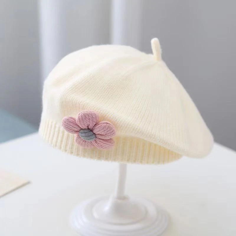Flower Baby Beret Hat Winter Warm Knitted Beanie Cap For Infant Girls Korean Toddler Princess Artist Solid Color Painter Caps