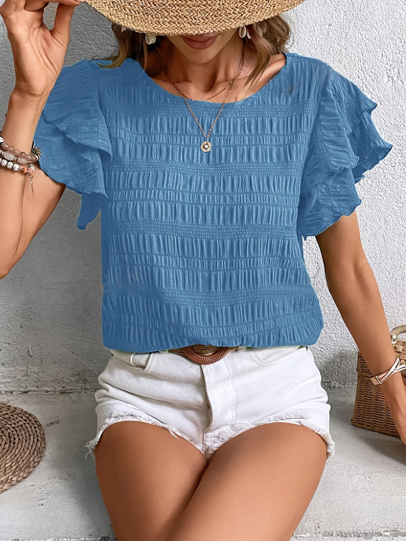 Summer Elegant Solid Shirt for Women Casual Office Lady Blouses Vintage Butterfly Sleeve O Neck Tops