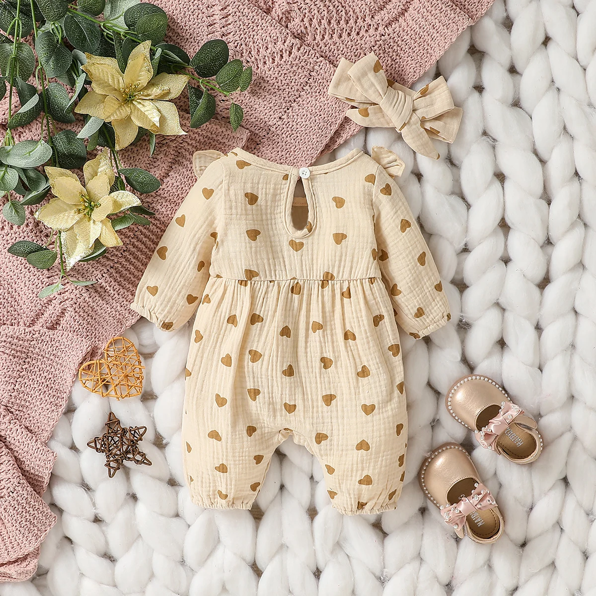 Baby Girl's All Seasons Long Sleeve Print Floral With Bow Daily Jumpsuit For Newborn-6M Clothes +Headband