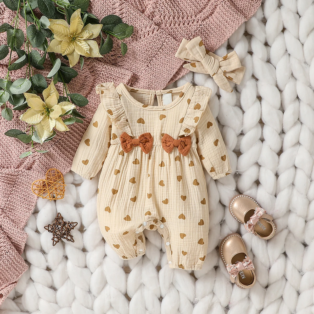 Baby Girl's All Seasons Long Sleeve Print Floral With Bow Daily Jumpsuit For Newborn-6M Clothes +Headband