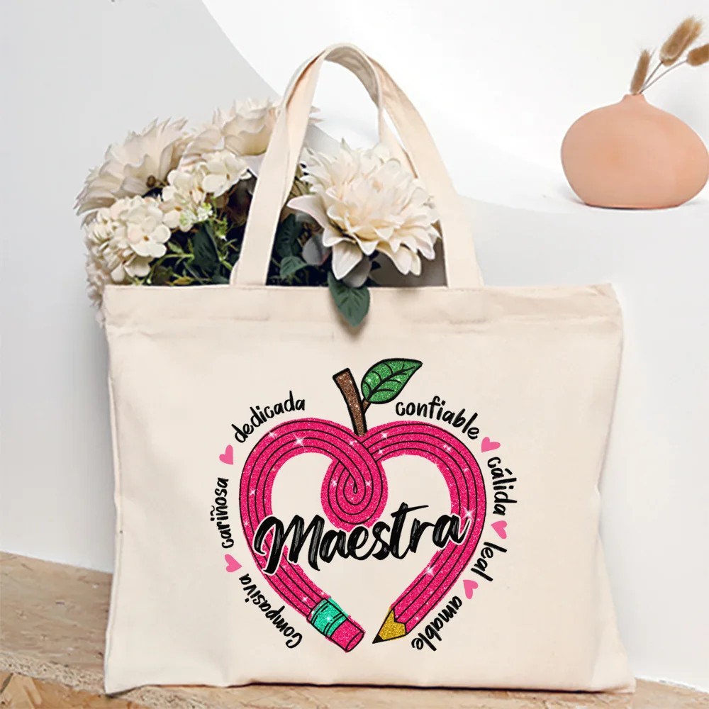 Maestra Spanish Heart Print Tote Bag Women Shoulder Bag Teacher Life Shopping Bag Teacher's Day Back To School Gift for Teachers