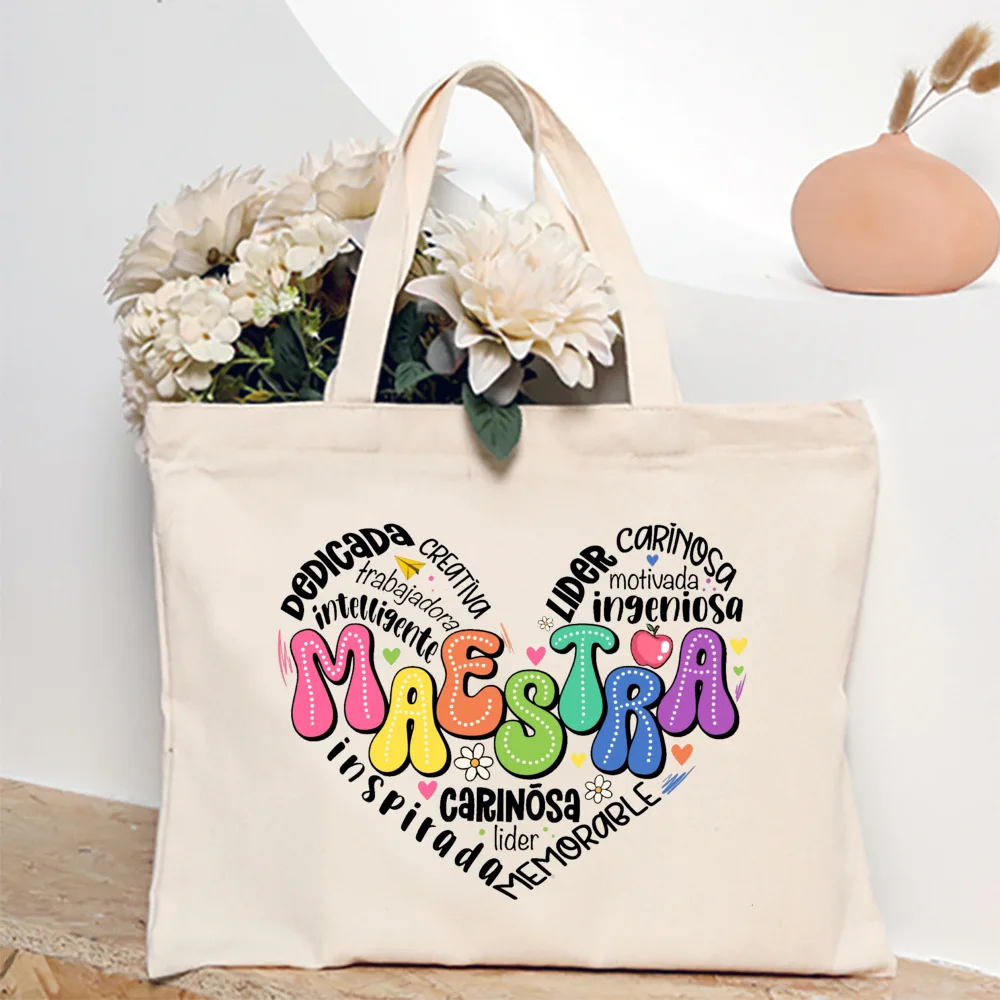 Maestra Spanish Heart Print Tote Bag Women Shoulder Bag Teacher Life Shopping Bag Teacher's Day Back To School Gift for Teachers