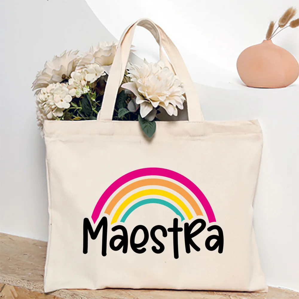 Maestra Spanish Heart Print Tote Bag Women Shoulder Bag Teacher Life Shopping Bag Teacher's Day Back To School Gift for Teachers
