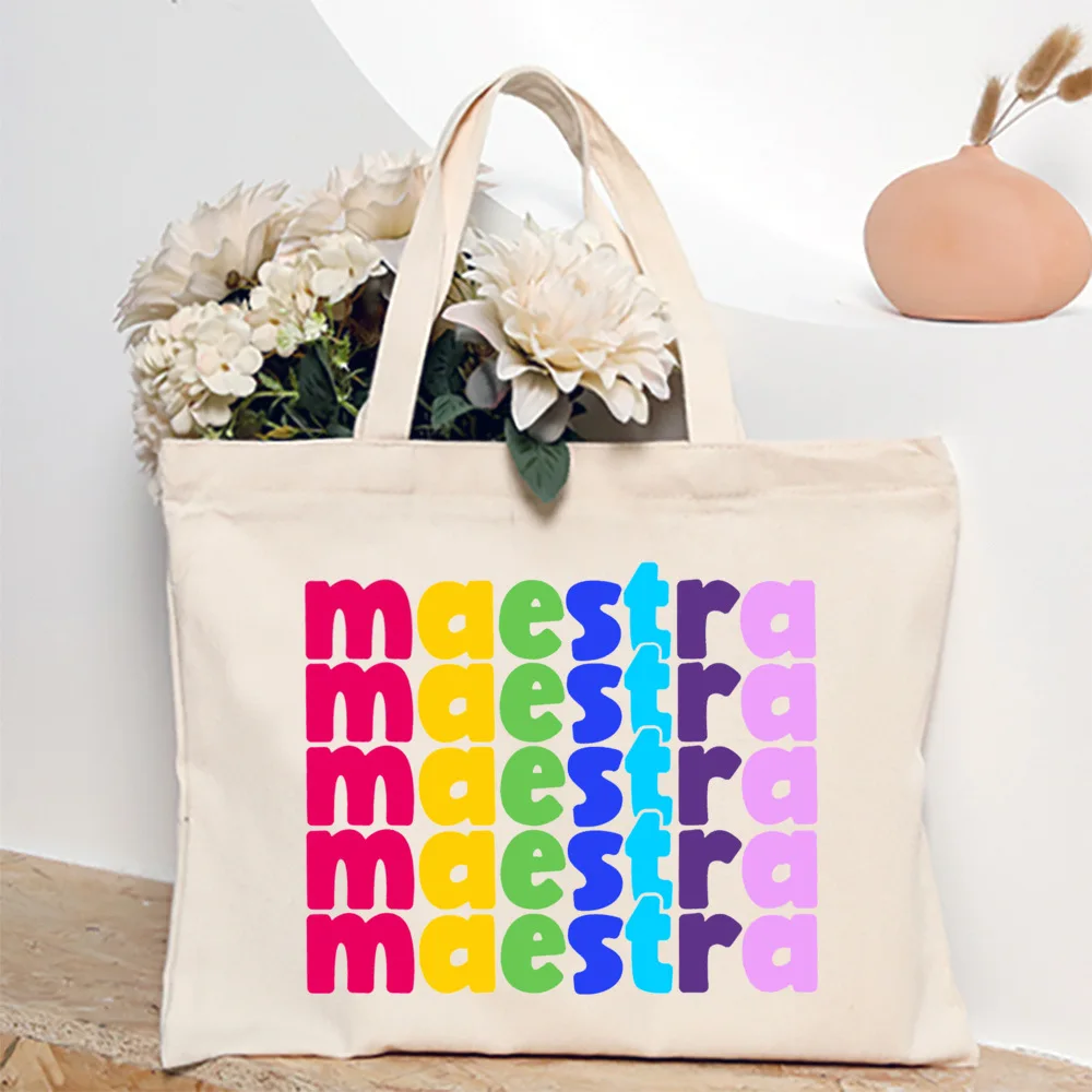 Maestra Spanish Heart Print Tote Bag Women Shoulder Bag Teacher Life Shopping Bag Teacher's Day Back To School Gift for Teachers