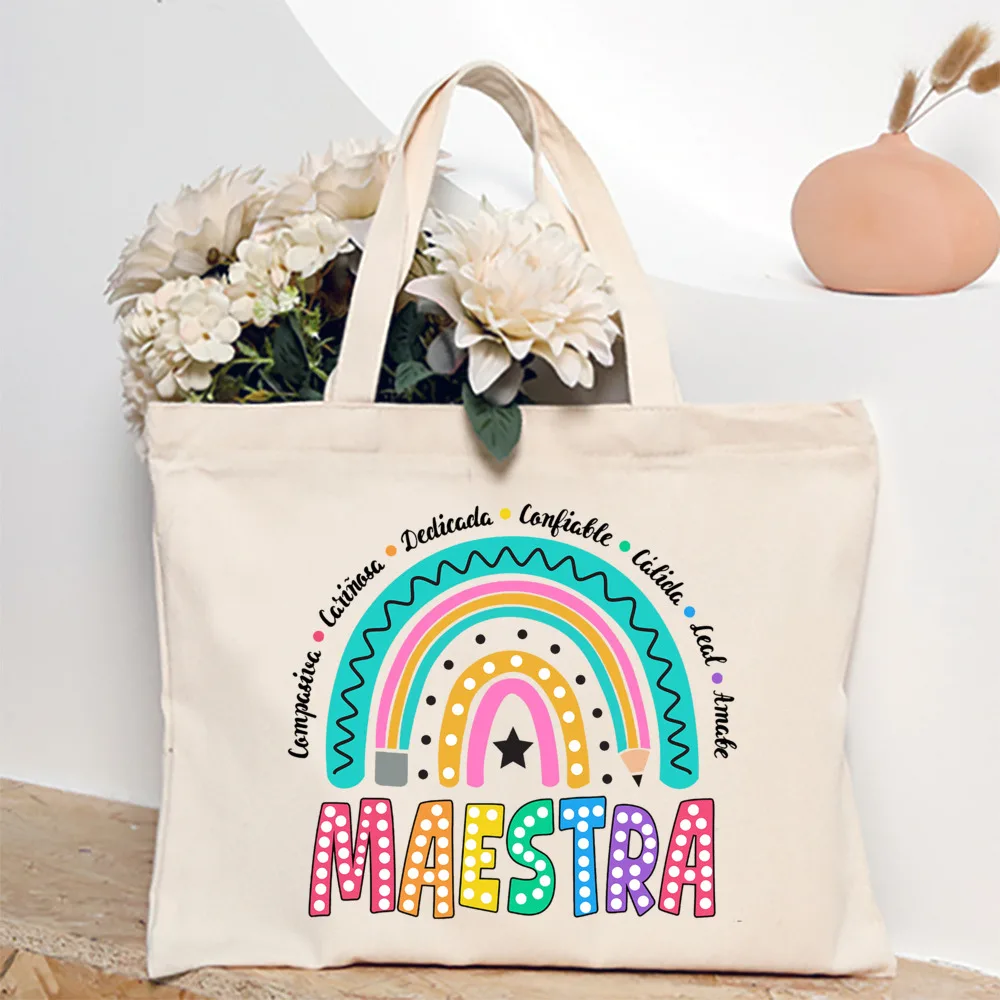 Maestra Spanish Heart Print Tote Bag Women Shoulder Bag Teacher Life Shopping Bag Teacher's Day Back To School Gift for Teachers