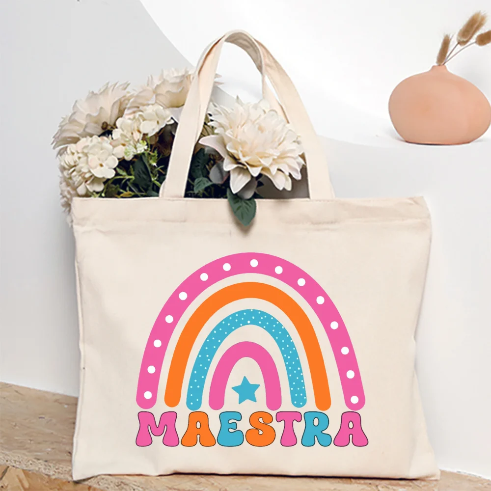 Maestra Spanish Heart Print Tote Bag Women Shoulder Bag Teacher Life Shopping Bag Teacher's Day Back To School Gift for Teachers
