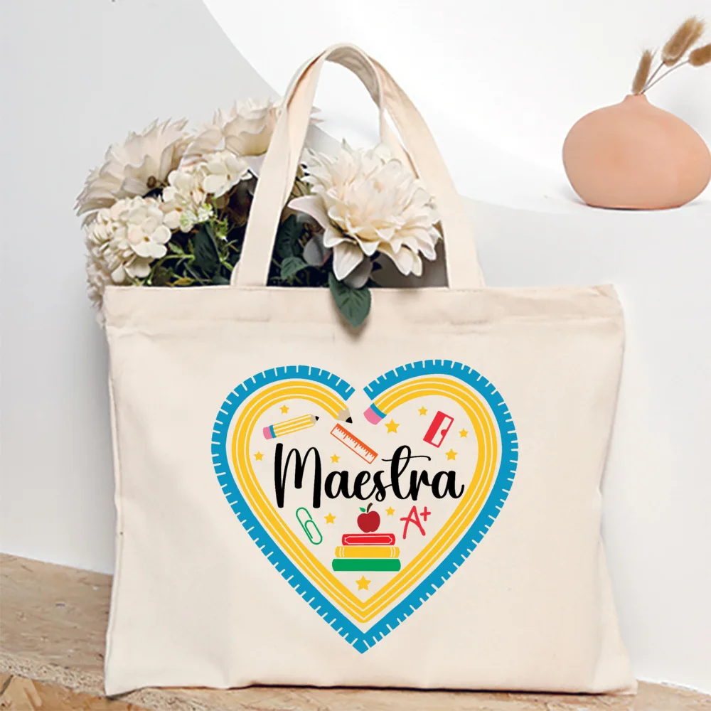 Maestra Spanish Heart Print Tote Bag Women Shoulder Bag Teacher Life Shopping Bag Teacher's Day Back To School Gift for Teachers