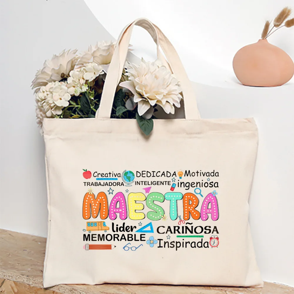 Maestra Spanish Heart Print Tote Bag Women Shoulder Bag Teacher Life Shopping Bag Teacher's Day Back To School Gift for Teachers